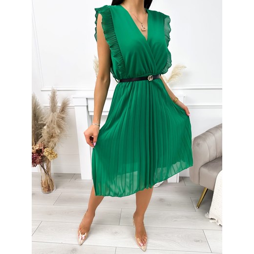 Zielona Plisowana Sukienka z Paskiem ze sklepu ModnaKiecka.pl w kategorii Sukienki - zdjęcie 171362993