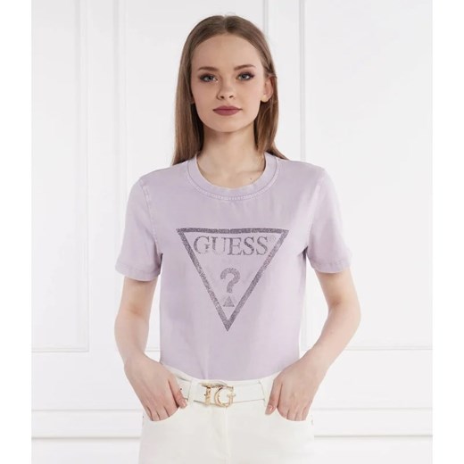 Bluzka damska Guess fioletowa z krótkim rękawem z napisem w stylu młodzieżowym z okrągłym dekoltem 