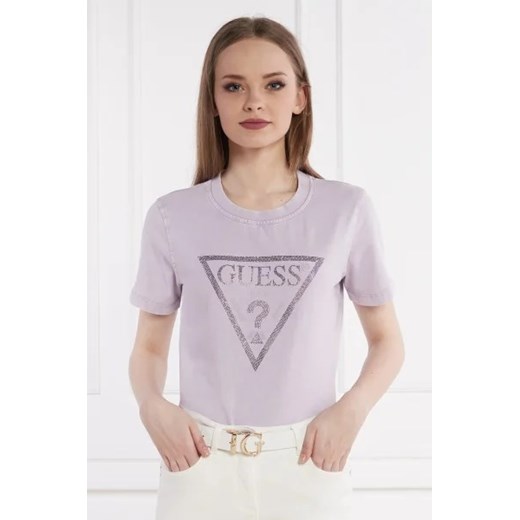 Bluzka damska Guess z krótkim rękawem fioletowa w stylu młodzieżowym z napisem 