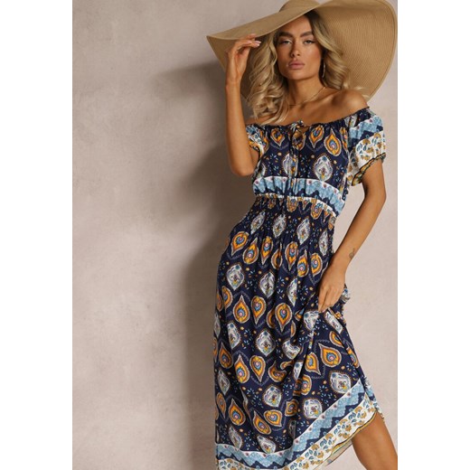 Granatowa Sukienka na Lato z Bawełny z Modelującą Gumką w Talii Deorna ze sklepu Renee odzież w kategorii Sukienki - zdjęcie 171379953