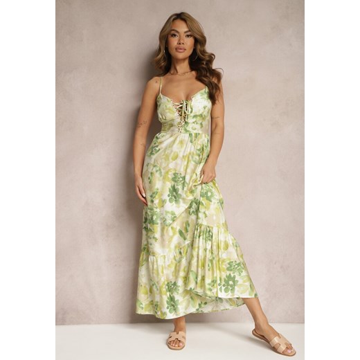 Zielona Sukienka o Rozkloszowanym Fasonie w Kwiaty z Bawełny i Wiskozy Ozdobiona Wiązaniem na Dekolcie Nasima ze sklepu Renee odzież w kategorii Sukienki - zdjęcie 171396172