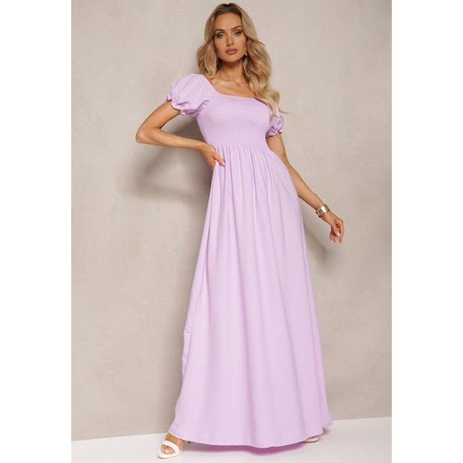 Sukienka Renee w serek z krótkimi rękawami fioletowa rozkloszowana 