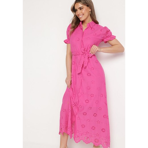Różowa Koszulowa Sukienka z Ażurowym Haftem i Bufiastymi Rękawami Lieve ze sklepu Born2be Odzież w kategorii Sukienki - zdjęcie 171396991