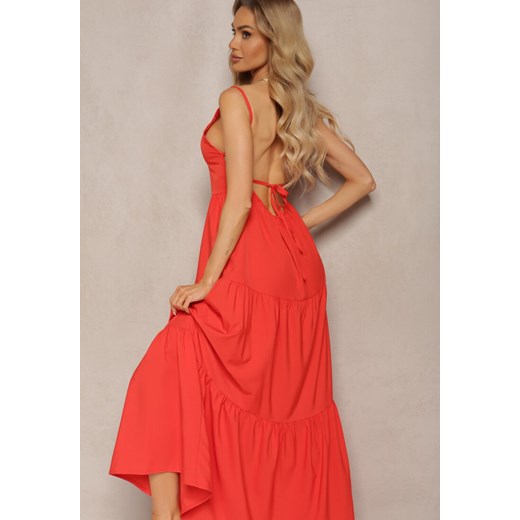 Czerwona Sukienka o Rozkloszowanym Fasonie Wiązana i Wykończona Gumką z Tyłu Hililena ze sklepu Renee odzież w kategorii Sukienki - zdjęcie 171403884