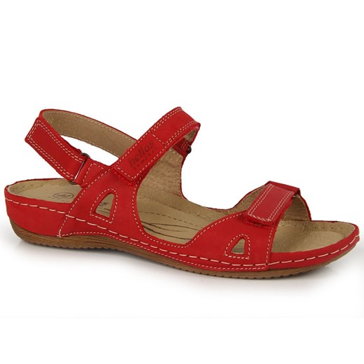 Sandały skórzane damskie na rzepy czerwone Helios 205 ze sklepu ButyModne.pl w kategorii Sandały damskie - zdjęcie 171409242