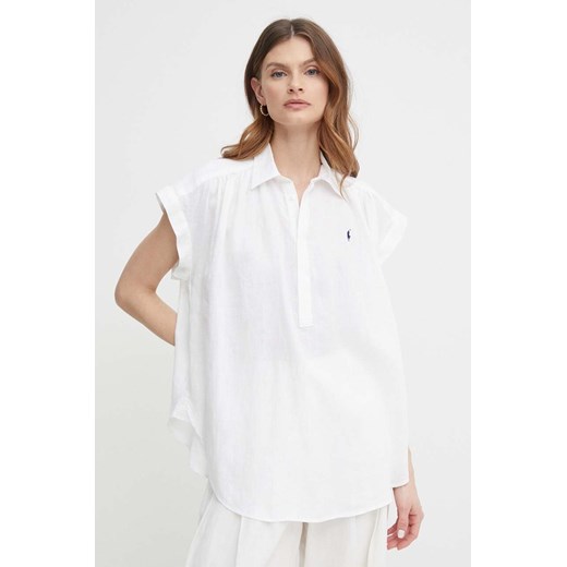 Polo Ralph Lauren bluzka lniana kolor biały gładka 211935131 ze sklepu ANSWEAR.com w kategorii Bluzki damskie - zdjęcie 171435434