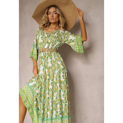 Zielona Sukienka Hiszpanka na Lato z Bawełny z Wzorem Paisley i Gumką w Talii Larietta ze sklepu Renee odzież w kategorii Sukienki - zdjęcie 171439003