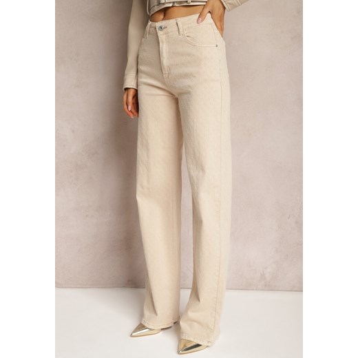 Beżowe Szerokie Jeansy z Bawełnianej Tkaniny Plumeti High Waist Rrisa ze sklepu Renee odzież w kategorii Jeansy damskie - zdjęcie 171439211