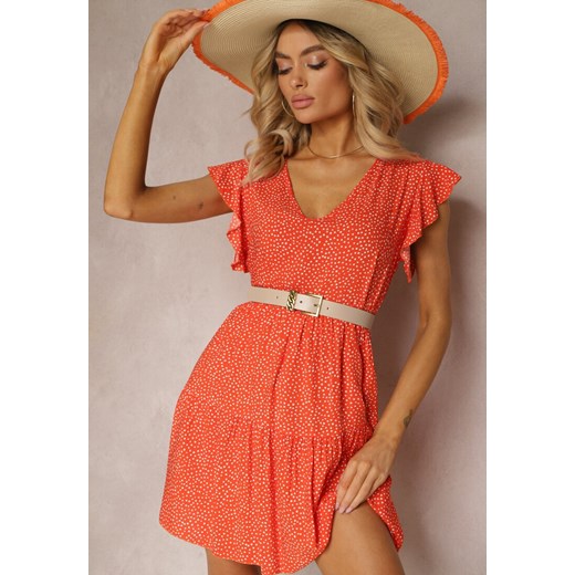 Pomarańczowa Rozkloszowana Sukienka z Bawełny w Kropki z Trójkątnym Dekoltem Riessa ze sklepu Renee odzież w kategorii Sukienki - zdjęcie 171439470