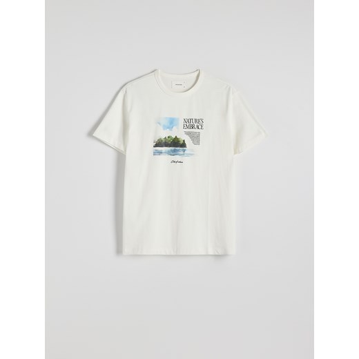 T-shirt męski biały Reserved młodzieżowy z krótkimi rękawami