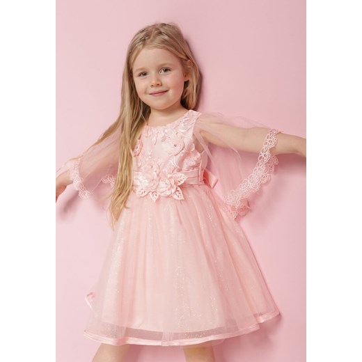 Różowa Elegancka Sukienka z Kwiatowymi Aplikacjami Koronką i Tiulem Pirevala 122 promocyjna cena Born2be Odzież