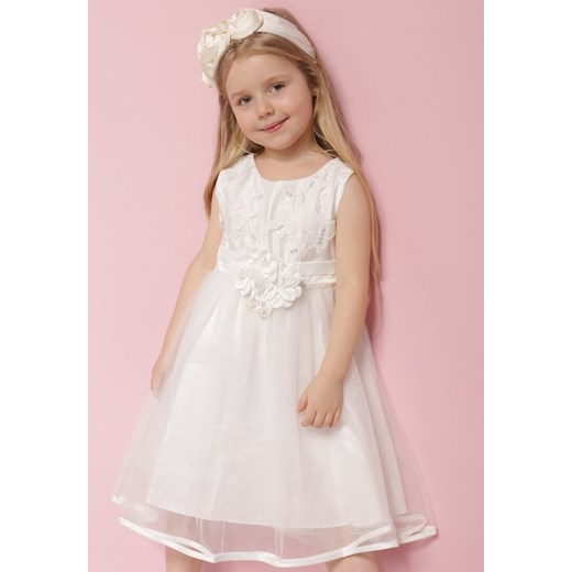 Biała Tiulowa Sukienka w Stylu Princeski z Aplikacjami 3D Piwira 116 Born2be Odzież