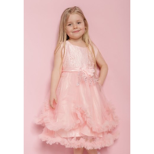 Jasnoróżowa Tiulowa Rozkloszowana Sukienka z Falbankami i Aplikacjami 3D na Pasku Nenella ze sklepu Born2be Odzież w kategorii Sukienki dziewczęce - zdjęcie 171442090