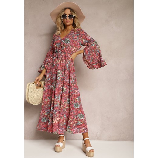 Ciemnoróżowa Sukienka w Kwiatowy Print Rozkloszowana z Falbankami Airova ze sklepu Renee odzież w kategorii Sukienki - zdjęcie 171443480