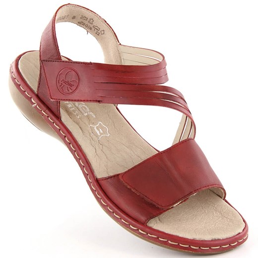 Skórzane komfortowe sandały damskie na rzepy czerwone Rieker 65964-35 ze sklepu ButyModne.pl w kategorii Sandały damskie - zdjęcie 171449574