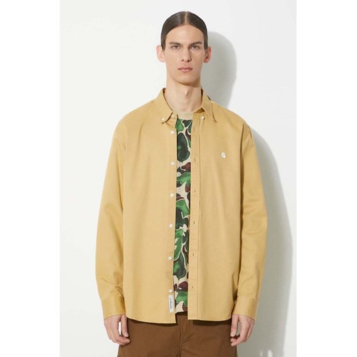 Carhartt WIP koszula bawełniana Longsleeve Madison Shirt męska kolor beżowy regular z kołnierzykiem button-down I023339.22SXX ze sklepu PRM w kategorii Koszule męskie - zdjęcie 171450621