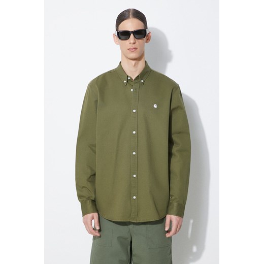 Carhartt WIP koszula bawełniana Longsleeve Madison Shirt męska kolor zielony regular z kołnierzykiem button-down I023339.25DXX ze sklepu PRM w kategorii Koszule męskie - zdjęcie 171450623