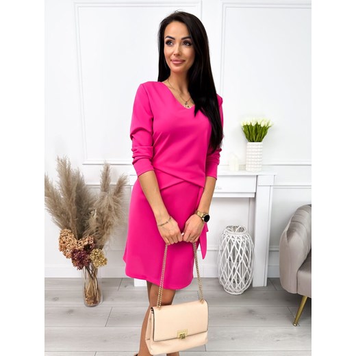Modnakiecka.pl sukienka elegancka różowa z długimi rękawami kopertowa 