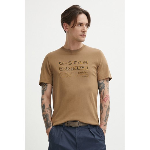 G-Star Raw t-shirt bawełniany męski kolor beżowy z nadrukiem ze sklepu ANSWEAR.com w kategorii T-shirty męskie - zdjęcie 171477260