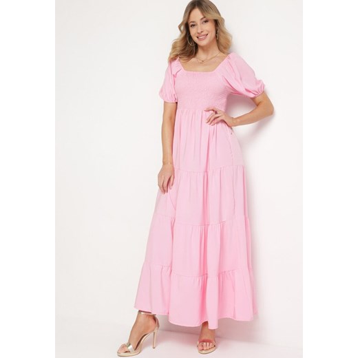 Różowa  Rozkloszowana Sukienka z Gumką w Talii i Bufiastymi Rękawami Evulla ze sklepu Born2be Odzież w kategorii Sukienki - zdjęcie 171480742
