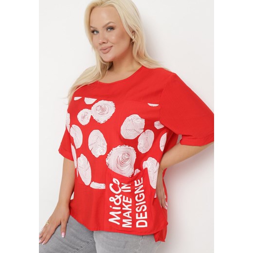 Czerwony Bawełniany T-shirt z Nadrukiem i Kieszonką Lovelina L Born2be Odzież okazja