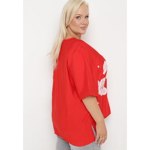 Czerwony Bawełniany T-shirt z Nadrukiem i Kieszonką Lovelina L wyprzedaż Born2be Odzież