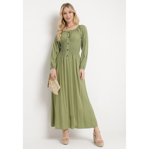 Zielona Wiskozowa Sukienka Hiszpanka o Rozkloszowanym Kroju z Guzikami Allcera ze sklepu Born2be Odzież w kategorii Sukienki - zdjęcie 171523094