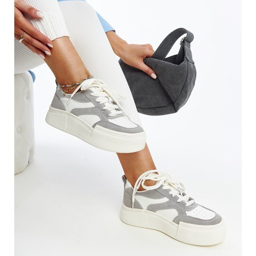 Szaro-białe skórzane sneakersy na grubej podeszwie Kawthar ze sklepu gemre w kategorii Buty sportowe damskie - zdjęcie 171525071