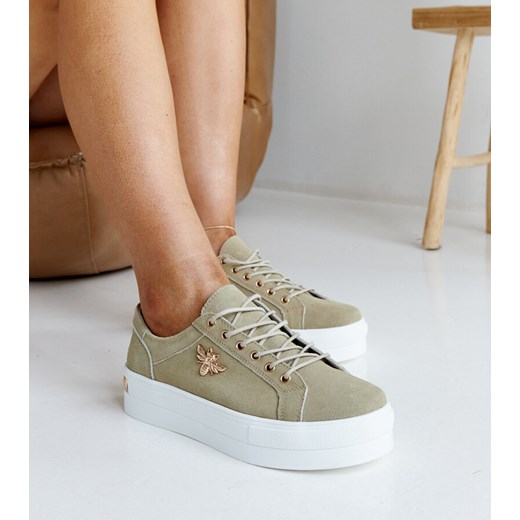 Zielone skórzane sneakersy na grubej podeszwie Mikka ze sklepu gemre w kategorii Trampki damskie - zdjęcie 171525183