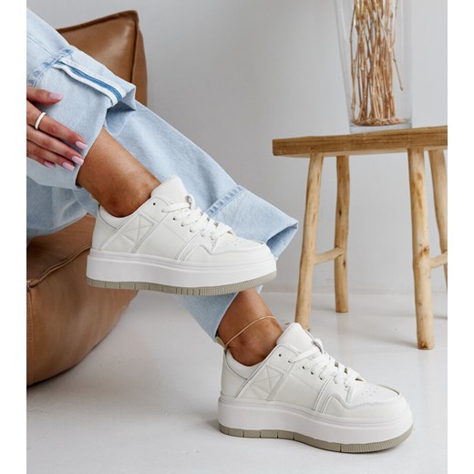 Białe buty sportowe damskie Gemre sneakersy ze skóry sznurowane na płaskiej podeszwie 