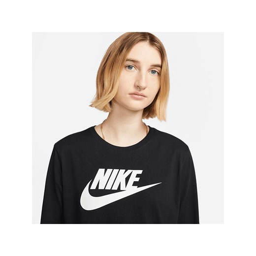 Bluzka damska czarna Nike z długim rękawem z okrągłym dekoltem w sportowym stylu