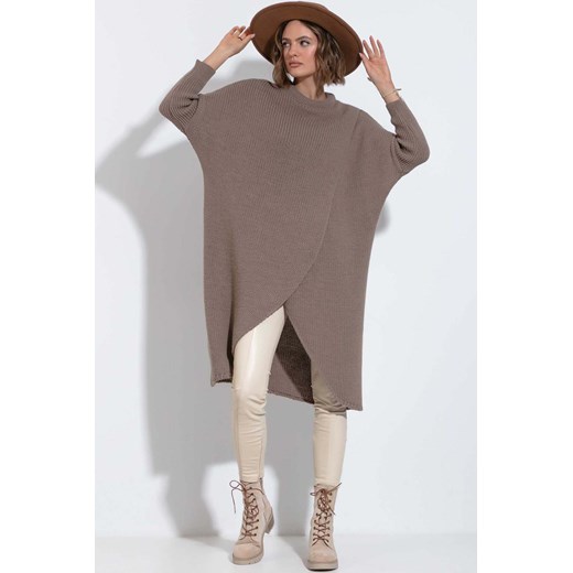 Długi sweter dzianinowy z rozcięciem - mocca Fobya one size 5.10.15