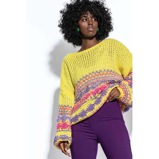 Kolorowy sweter damski z dzianiny Fobya żółty ze sklepu 5.10.15 w kategorii Swetry damskie - zdjęcie 171536952