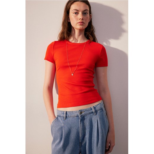 H & M - Prążkowany T-shirt z domieszką modalu - Czerwony H & M L H&M
