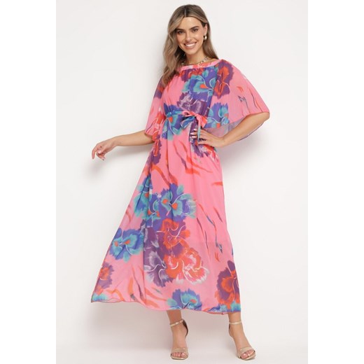 Różowo-Niebieska Rozkloszowana Sukienka z Wiązaniem w Talii i Szerokimi Rękawami Nellanora ze sklepu Born2be Odzież w kategorii Sukienki - zdjęcie 171545423