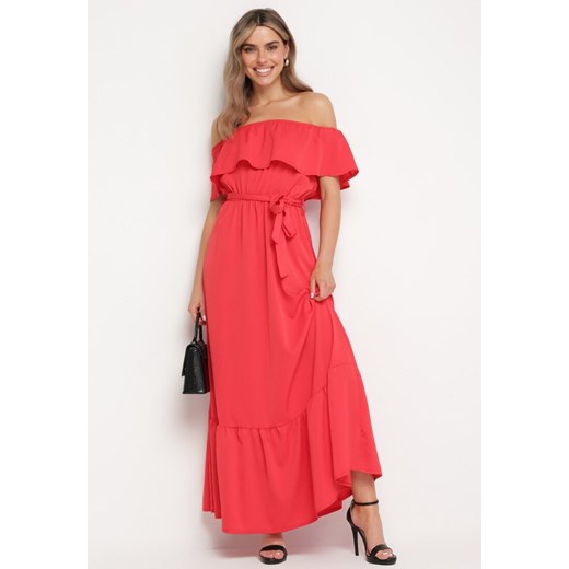 Czerwona Sukienka o Rozkloszowanym Fasonie z Hiszpańskim Dekoltem i Materiałowym L okazyjna cena Born2be Odzież
