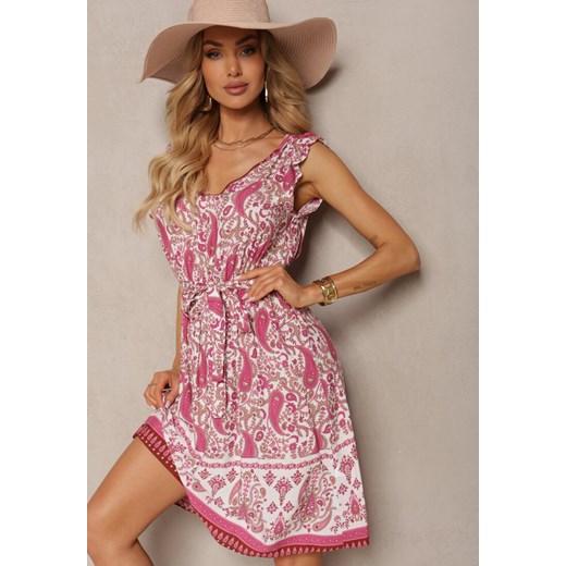 Różowa Rozkloszowana Sukienka z Wiskozy z Paskiem w Talii Riasha ze sklepu Renee odzież w kategorii Sukienki - zdjęcie 171545860