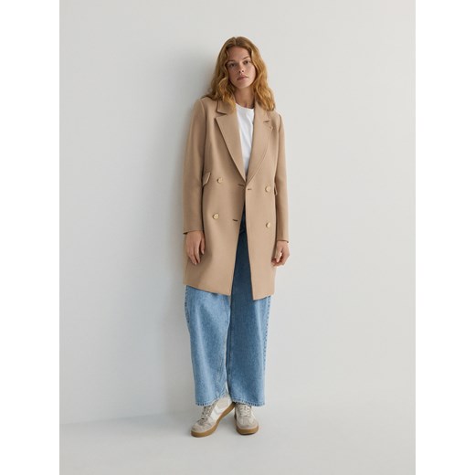Reserved - Dwurzędowy płaszcz z wiskozą - beżowy ze sklepu Reserved w kategorii Płaszcze damskie - zdjęcie 171579883