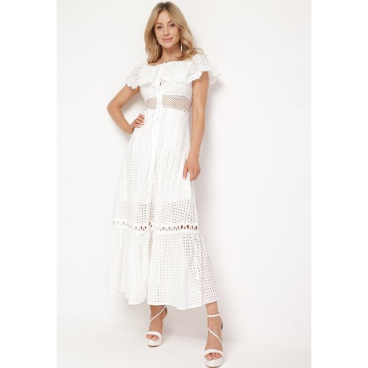 Biała Sukienka Hiszpanka z Ażurowym Haftem i Falbanką z Bawełny Aseipa ze sklepu Born2be Odzież w kategorii Sukienki - zdjęcie 171581642
