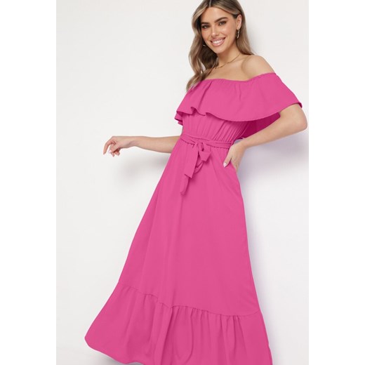 Różowa Sukienka o Rozkloszowanym Fasonie z Hiszpańskim Dekoltem i Materiałowym Paskiem Nacara ze sklepu Born2be Odzież w kategorii Sukienki - zdjęcie 171582182