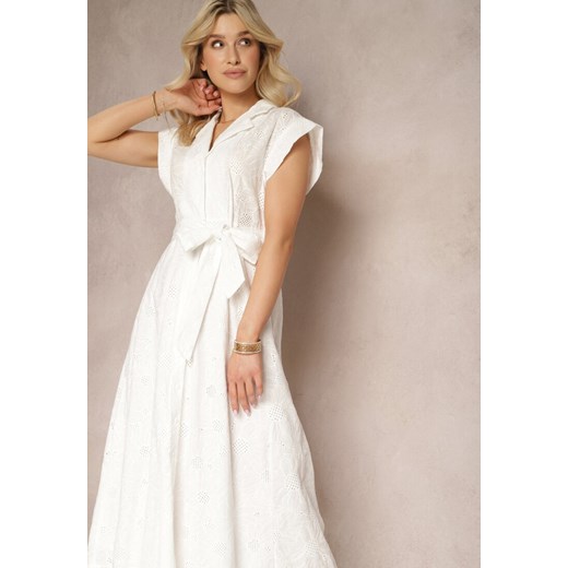 Biała Sukienka z Bawełny o Haftowanym Wykończeniu z Paskiem w Talii i Guzikami Kiojena ze sklepu Renee odzież w kategorii Sukienki - zdjęcie 171583401
