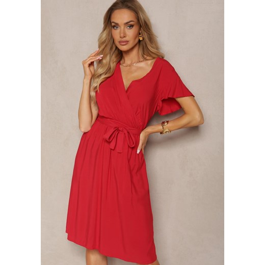 Czerwona Rozkloszowana Sukienka Midi z Wiązanym Paskiem Elemia ze sklepu Renee odzież w kategorii Sukienki - zdjęcie 171587604