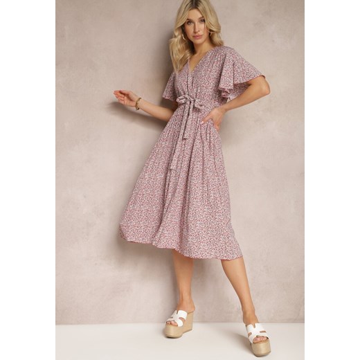 Różowo-Beżowa Sukienka o Rozkloszowanym Kroju z Gumką w Talii i Kopertowym Dekoltem z Materiałowym Paskiem Qrissa ze sklepu Renee odzież w kategorii Sukienki - zdjęcie 171598032