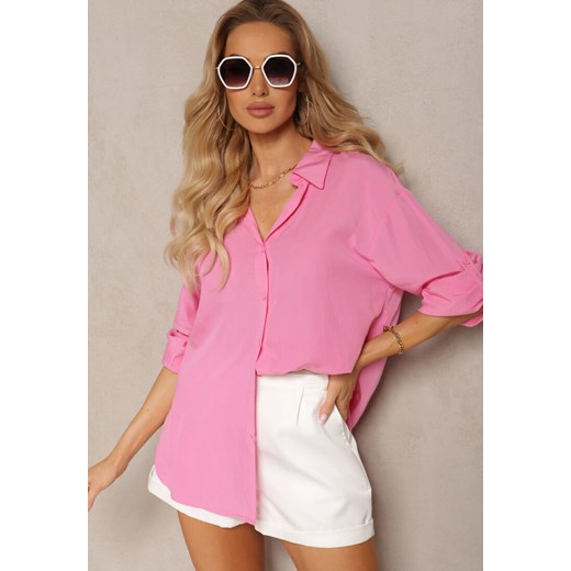 Różowa Koszula z Lnem Zapinana na Guziki z Regulowanymi Rękawami Tesata ze sklepu Renee odzież w kategorii Koszule damskie - zdjęcie 171691700
