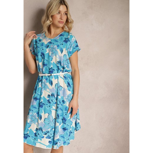 Niebieska Rozkloszowana Sukienka z Wiskozowej Tkaniny w Kwiaty Timaoon ze sklepu Renee odzież w kategorii Sukienki - zdjęcie 171697812