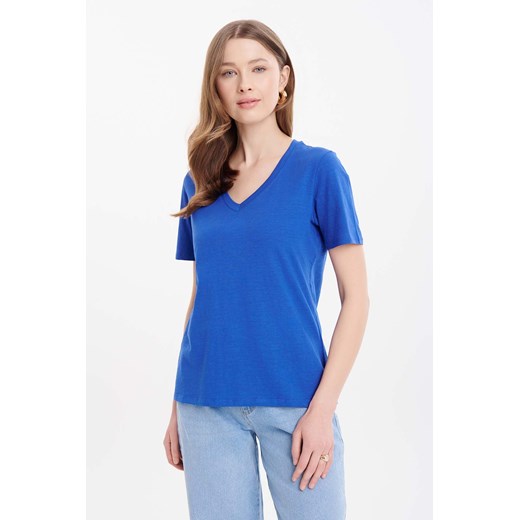 Damska koszulka basic niebieska z dekoltem w serek ze sklepu 5.10.15 w kategorii Bluzki damskie - zdjęcie 171710184