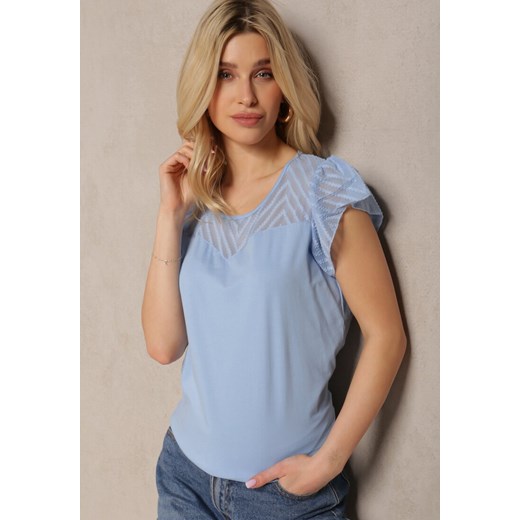 Niebieski Elegancki T-shirt Bluzka z Bawełny z Przezroczystymi Wstawkami Biopara ze sklepu Renee odzież w kategorii Bluzki damskie - zdjęcie 171942962