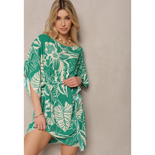 Zielona Kwiecista Sukienka z Krótkim Rękawem i Wiązaniem w Talii Fasila ze sklepu Renee odzież w kategorii Sukienki - zdjęcie 171943070