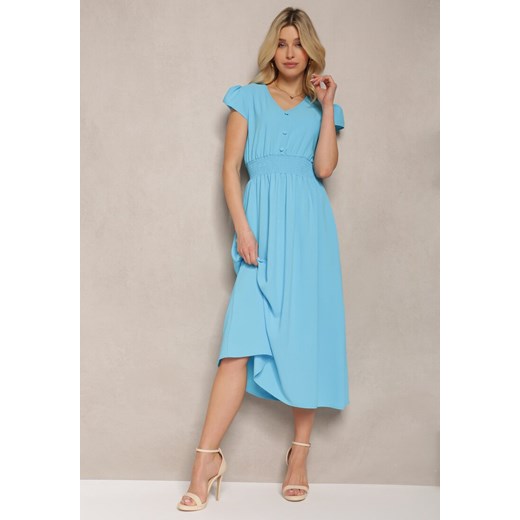 Niebieska Sukienka o Rozkloszowanym Kroju z Gumką w Talii i Guzikami Ebiana ze sklepu Renee odzież w kategorii Sukienki - zdjęcie 171943150
