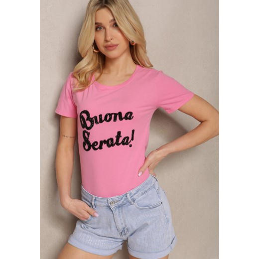 Różowy Casualowy T-shirt z Bawełny Wykończony Cyrkoniowym Napisem Lavisha ze sklepu Renee odzież w kategorii Bluzki damskie - zdjęcie 171943250